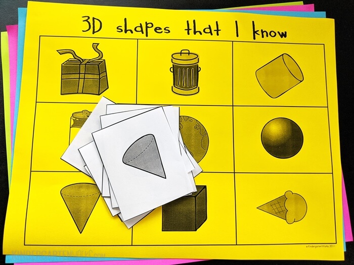 3D Shape Bingo for Kindergarten (Free download) with both real world examples and basic 3D shapes